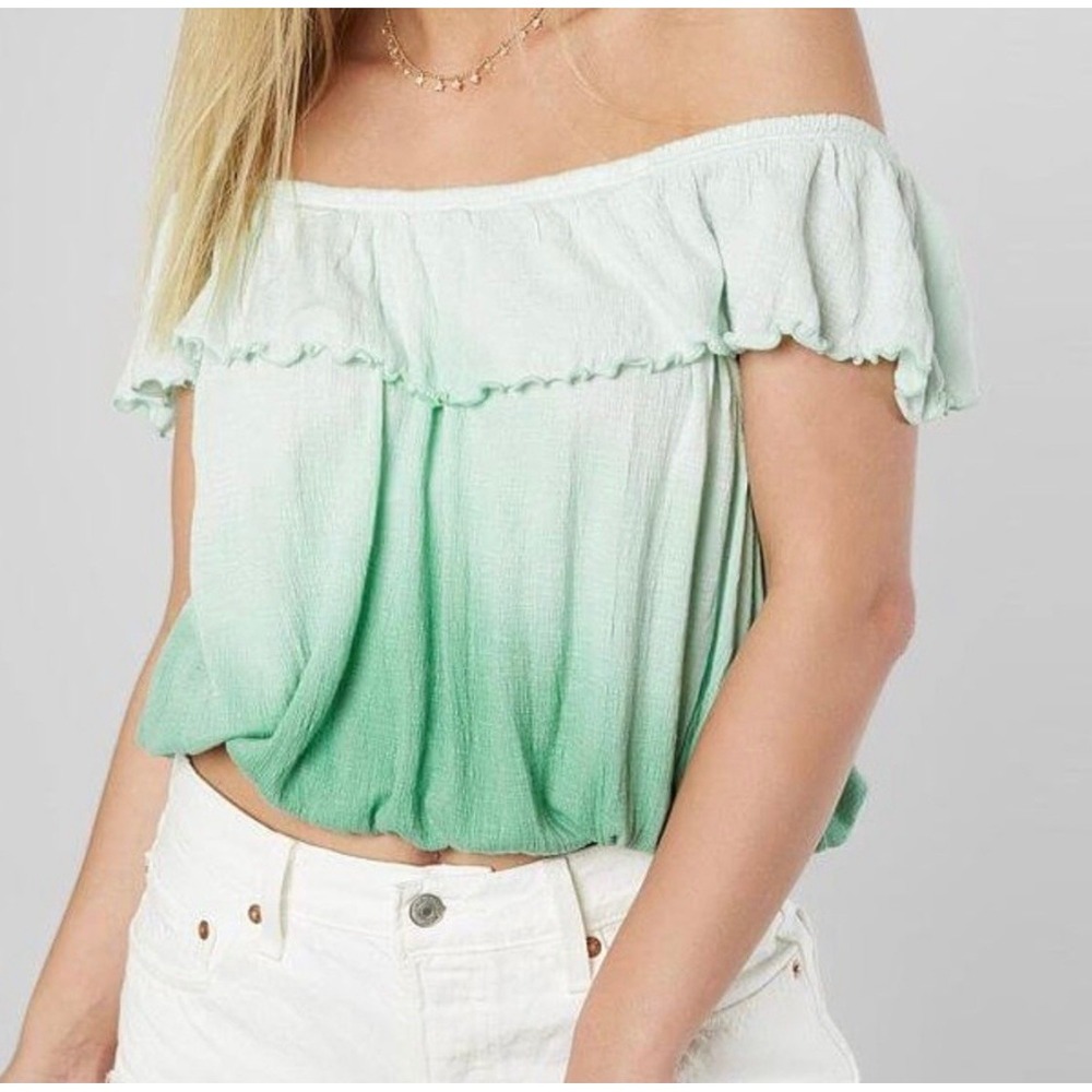 Free People Green Ombre Off The Shoulder Ruffle Crop Top Boho Fairy Small